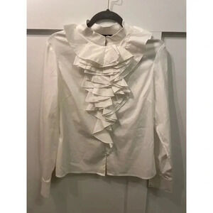 St. John White Tuxedo Front Ruffle Button Down Blouse, sz 6